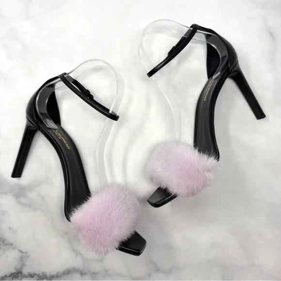 Saint Laurent Bea Mink Fur Leather Square Toe Ankle Strap Stiletto Sandal Heels - Picture 5 of 16